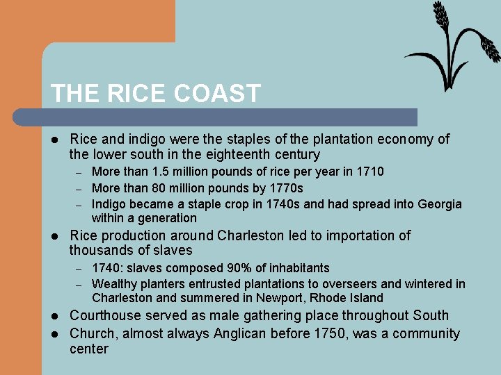 THE RICE COAST l Rice and indigo were the staples of the plantation economy