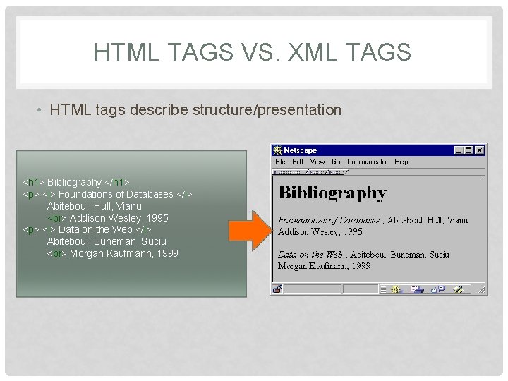 HTML TAGS VS. XML TAGS • HTML tags describe structure/presentation <h 1> Bibliography </h