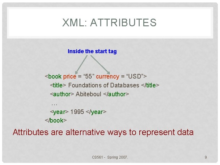 XML: ATTRIBUTES Inside the start tag <book price = “ 55” currency = “USD”>