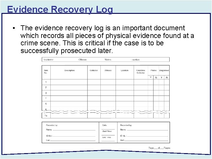 Evidence Recovery Log • The evidence recovery log is an important document which records