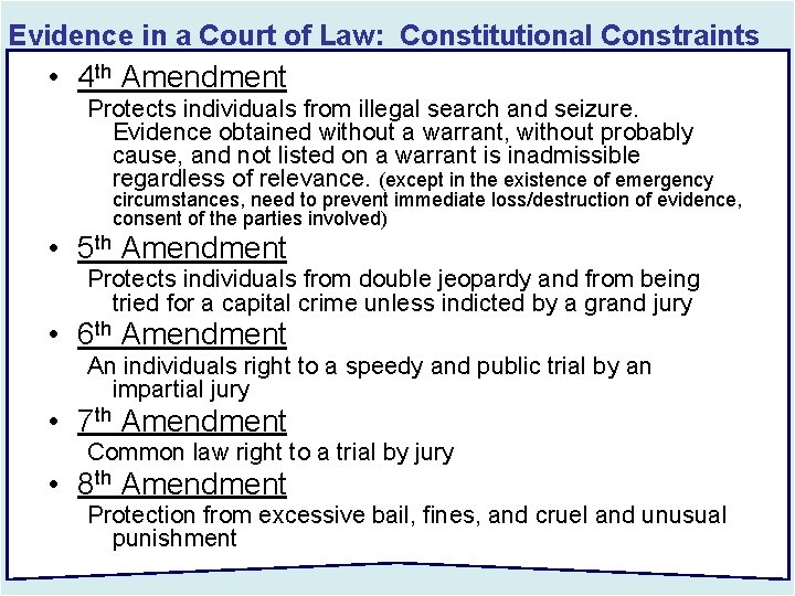 Evidence in a Court of Law: Constitutional Constraints • 4 th Amendment Protects individuals