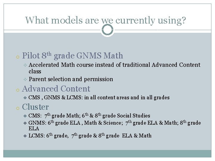 What models are we currently using? o Pilot 8 th grade GNMS Math v