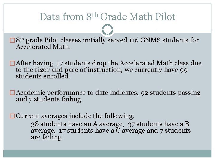 Data from 8 th Grade Math Pilot � 8 th grade Pilot classes initially