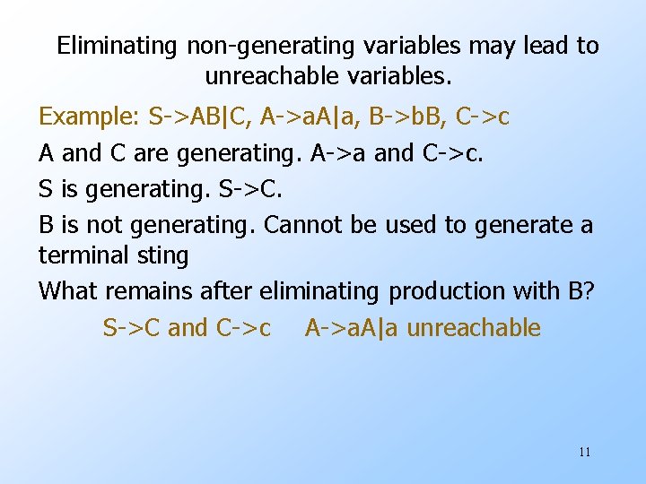 Eliminating non-generating variables may lead to unreachable variables. Example: S->AB|C, A->a. A|a, B->b. B,