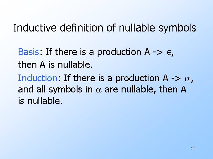 Inductive definition of nullable symbols Basis: If there is a production A -> ε,