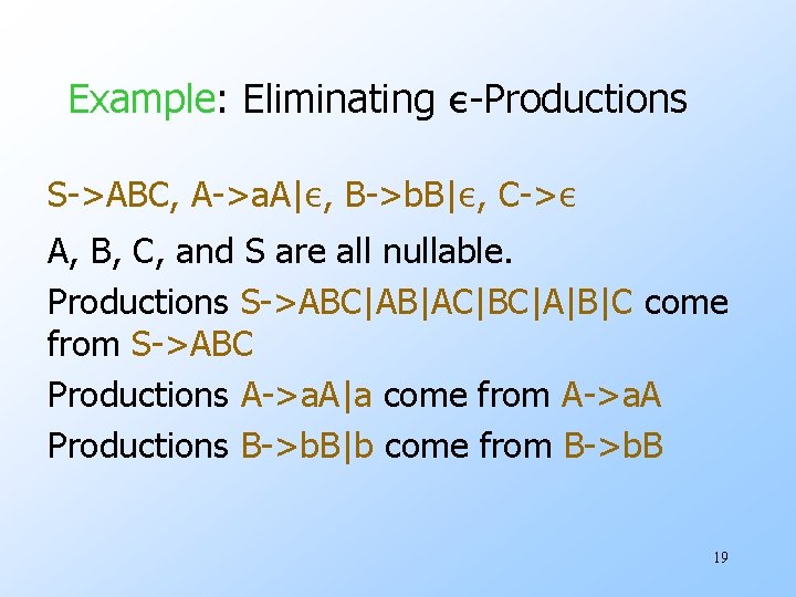 Example: Eliminating ε-Productions S->ABC, A->a. A|ε, B->b. B|ε, C->ε A, B, C, and S