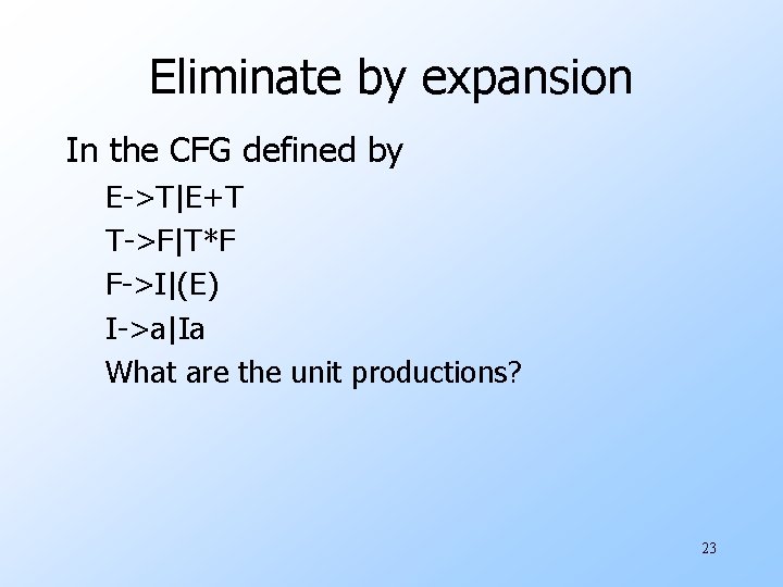 Eliminate by expansion In the CFG defined by E->T|E+T T->F|T*F F->I|(E) I->a|Ia What are
