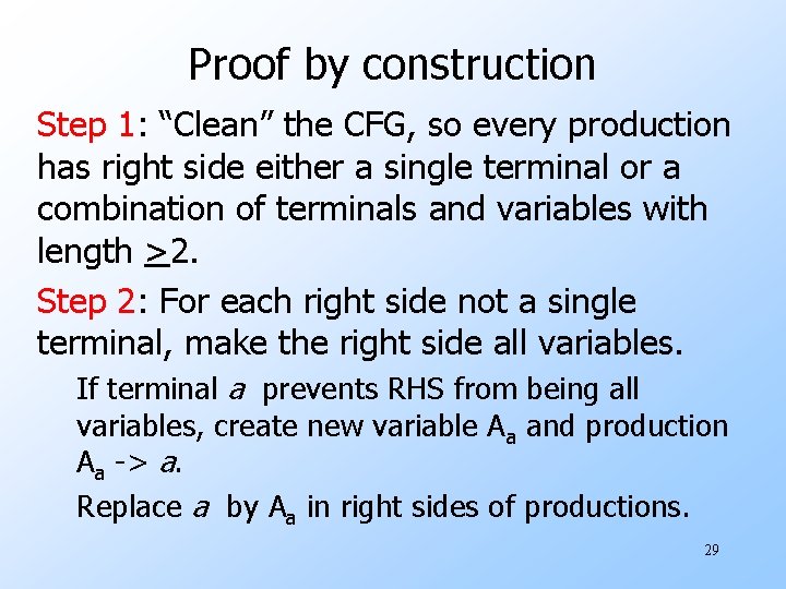 Proof by construction Step 1: “Clean” the CFG, so every production has right side