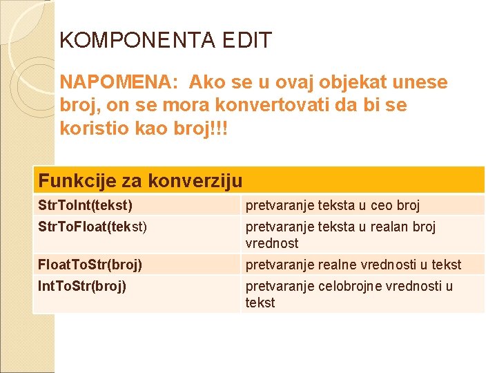 KOMPONENTA EDIT NAPOMENA: Ako se u ovaj objekat unese broj, on se mora konvertovati