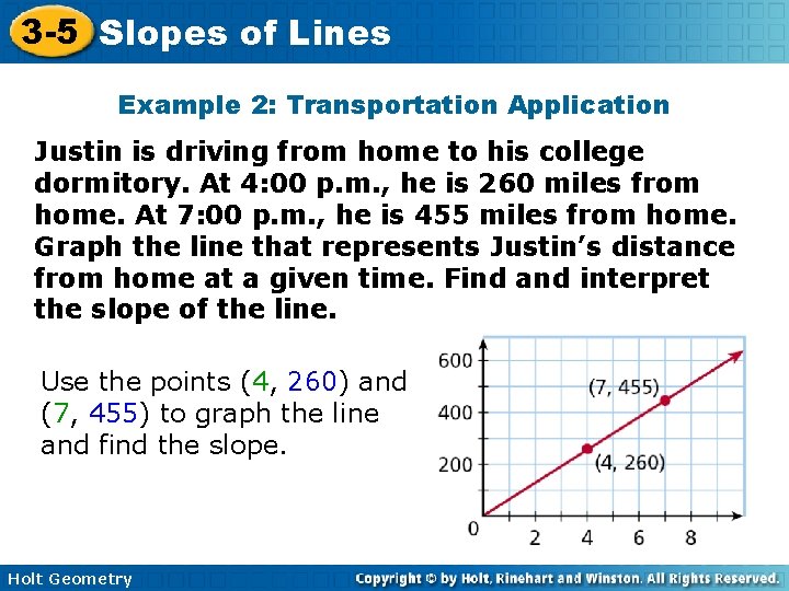 3 -5 Slopes of Lines Example 2: Transportation Application Justin is driving from home