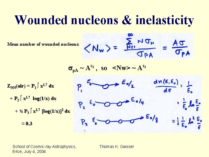 Wounded nucleons & inelasticity Mean number of wounded nucleons: sp. A ~ A⅔ ,