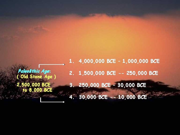 1. 4, 000 BCE – 1, 000 BCE Paleolithic Age: 2. 1, 500, 000