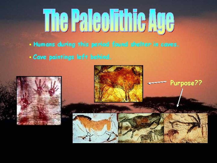 § Humans § Cave during this period found shelter in caves. paintings left behind.