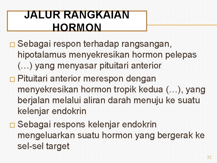 JALUR RANGKAIAN HORMON � Sebagai respon terhadap rangsangan, hipotalamus menyekresikan hormon pelepas (…) yang