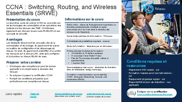 CCNA : Switching, Routing, and Wireless Essentials (SRWE) Réseau Informations sur le cours Présentation