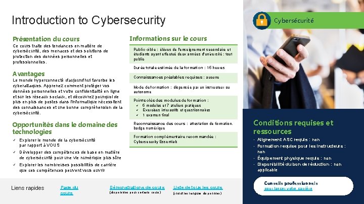 Introduction to Cybersecurity Cybersécurité Informations sur le cours Présentation du cours Ce cours traite