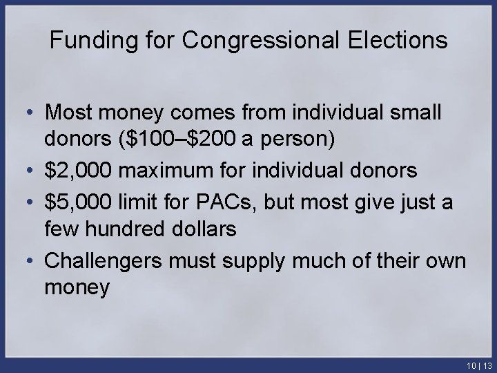 Funding for Congressional Elections • Most money comes from individual small donors ($100–$200 a