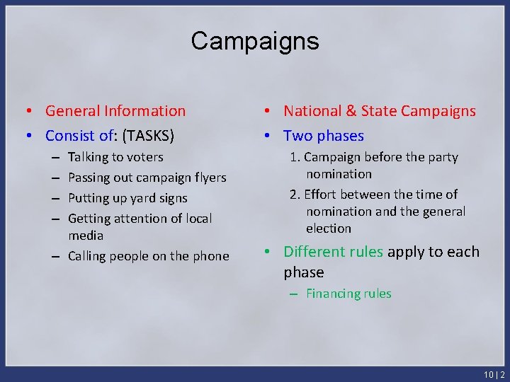 Campaigns • General Information • Consist of: (TASKS) Talking to voters Passing out campaign