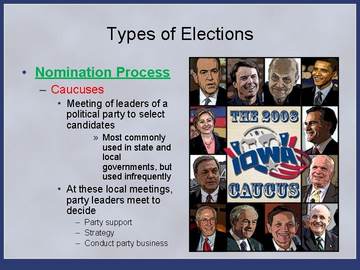 Types of Elections • Nomination Process – Caucuses • Meeting of leaders of a