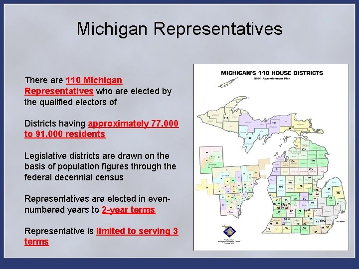 Michigan Representatives There are 110 Michigan Representatives who are elected by the qualified electors
