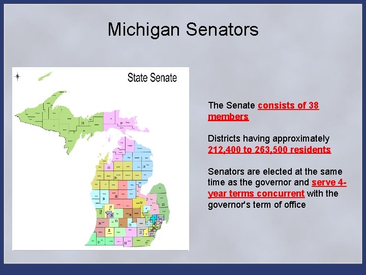 Michigan Senators The Senate consists of 38 members Districts having approximately 212, 400 to