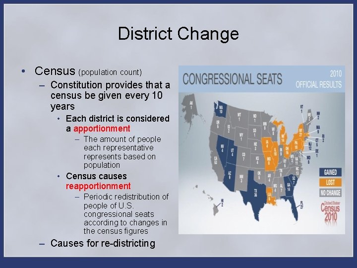 District Change • Census (population count) – Constitution provides that a census be given