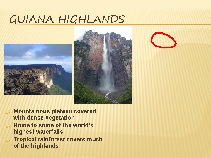 GUIANA HIGHLANDS Mountainous plateau covered with dense vegetation Home to some of the world’s GUIANA HIGHLANDS Mountainous plateau covered with dense vegetation Home to some of the world’s