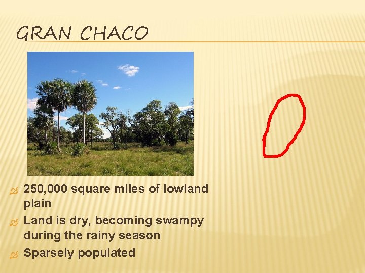 GRAN CHACO 250, 000 square miles of lowland plain Land is dry, becoming swampy GRAN CHACO 250, 000 square miles of lowland plain Land is dry, becoming swampy