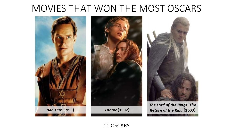 MOVIES THAT WON THE MOST OSCARS Ben-Hur (1959) Titanic (1997) 11 OSCARS The Lord