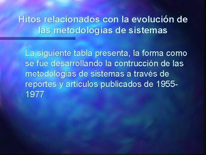 Hitos relacionados con la evolución de las metodologias de sistemas La siguiente tabla presenta, Hitos relacionados con la evolución de las metodologias de sistemas La siguiente tabla presenta,