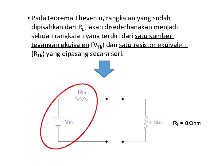  • Pada teorema Thevenin, rangkaian yang sudah dipisahkan dari RL , akan disederhanakan