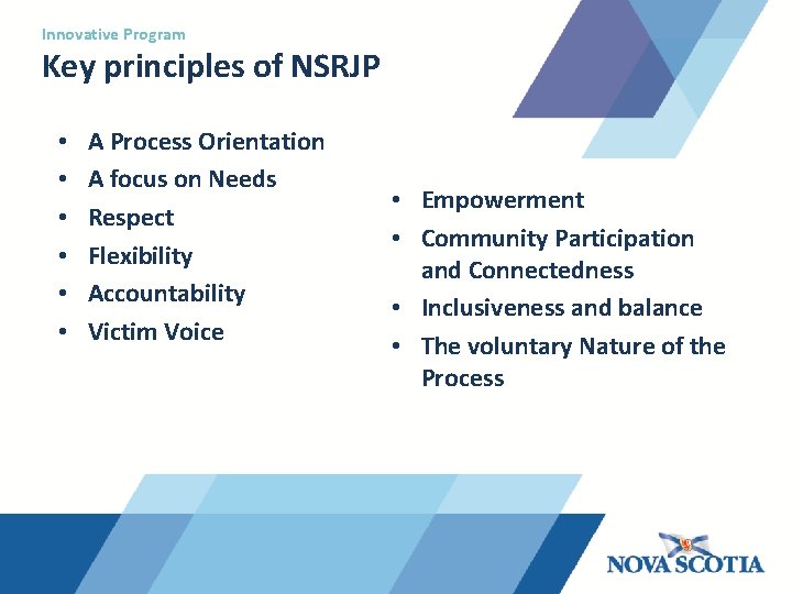 Innovative Program Key principles of NSRJP • • • A Process Orientation A focus