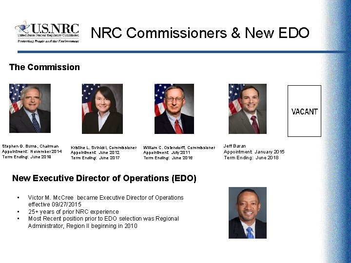 NRC Commissioners & New EDO The Commission Stephen G. Burns, Chairman Appointment: November 2014