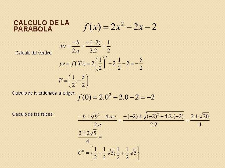 CALCULO DE LA PARABOLA Calculo del vertice: Calculo de la ordenada al origen: Calculo