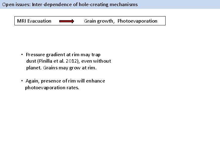 Open issues: Inter-dependence of hole-creating mechanisms MRI Evacuation Grain growth, Photoevaporation • Pressure gradient