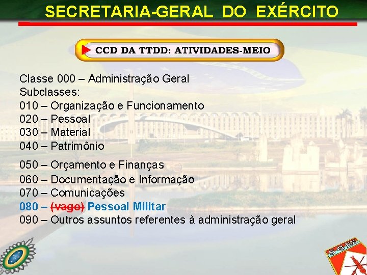 SECRETARIA-GERAL DO EXÉRCITO Classe 000 – Administração Geral Subclasses: 010 – Organização e Funcionamento