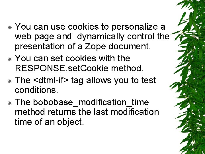 You can use cookies to personalize a web page and dynamically control the presentation