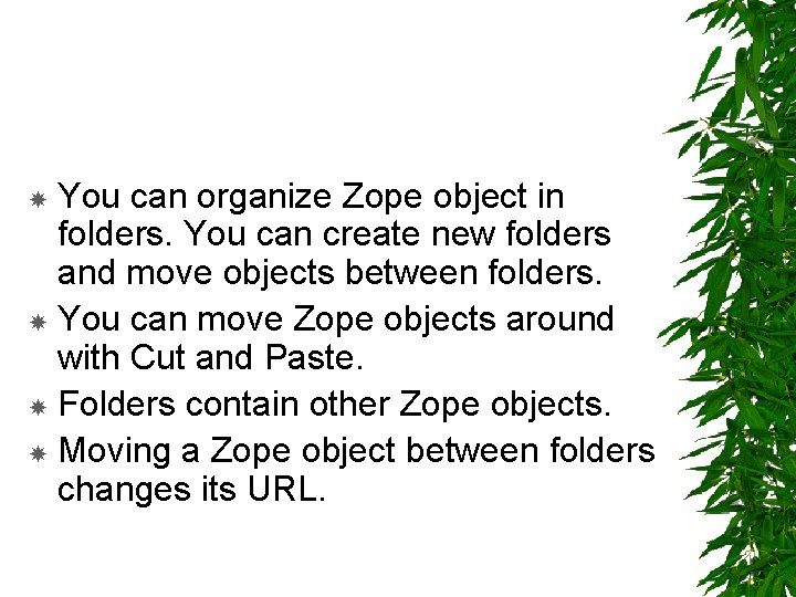 You can organize Zope object in folders. You can create new folders and move