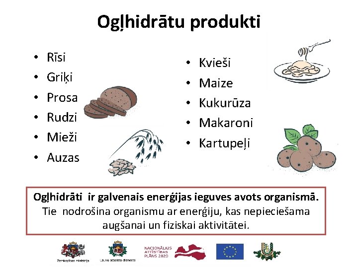 Ogļhidrātu produkti • • • Rīsi Griķi Prosa Rudzi Mieži Auzas • • •