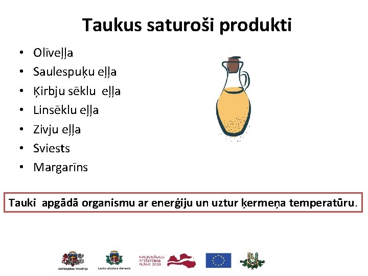 Taukus saturoši produkti • • Olīveļļa Saulespuķu eļļa Ķirbju sēklu eļļa Linsēklu eļļa Zivju