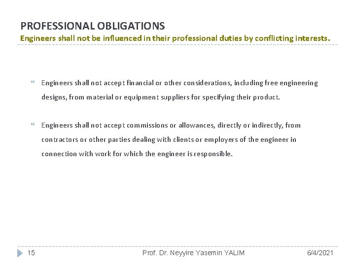 PROFESSIONAL OBLIGATIONS Engineers shall not be influenced in their professional duties by conflicting interests.