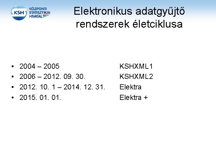 Elektronikus adatgyűjtő rendszerek életciklusa • • 2004 – 2005 2006 – 2012. 09. 30.