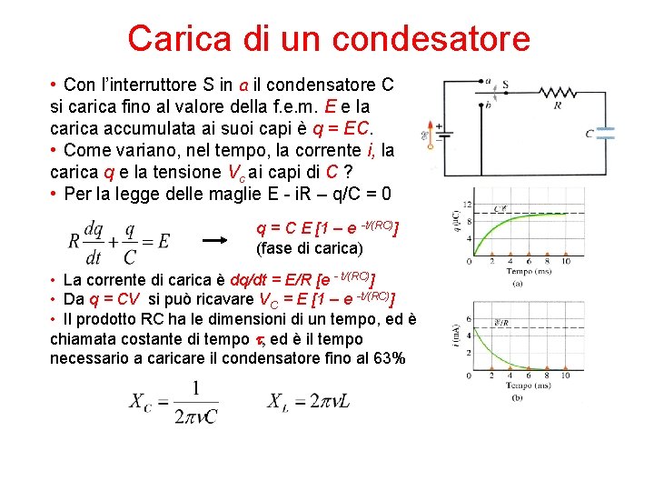 Carica di un condesatore • Con l’interruttore S in a il condensatore C si