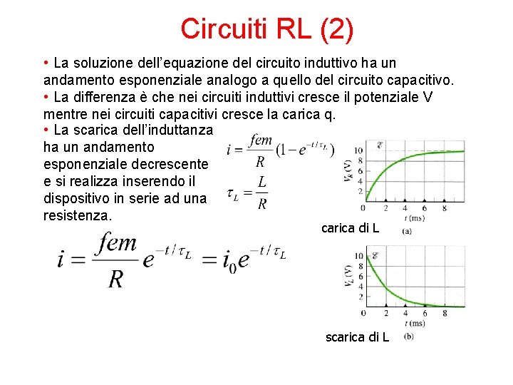 Circuiti RL (2) • La soluzione dell’equazione del circuito induttivo ha un andamento esponenziale