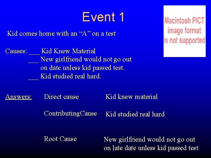 Event 1 Kid comes home with an “A” on a test Causes: ___ Kid