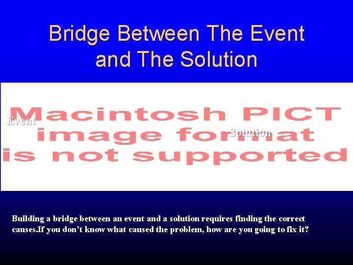 Bridge Between The Event and The Solution Event Solution Building a bridge between an