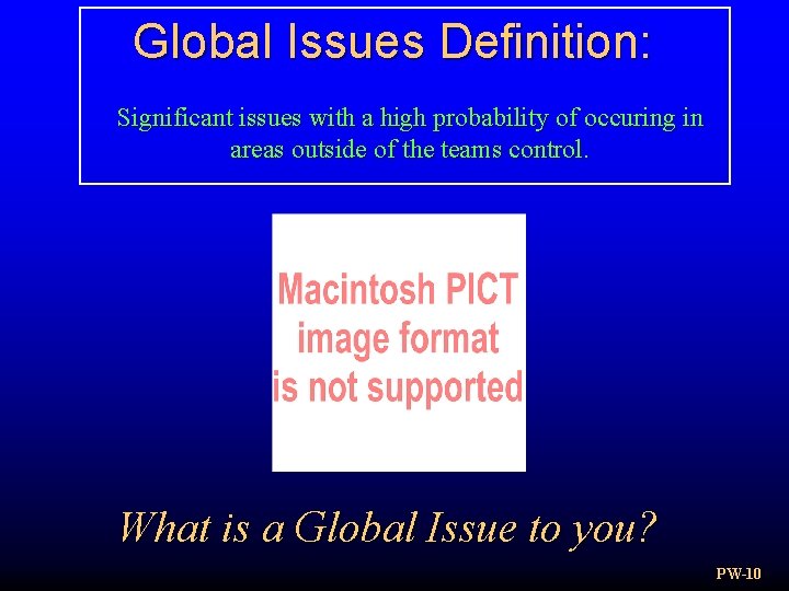 Global Issues Definition: Significant issues with a high probability of occuring in areas outside