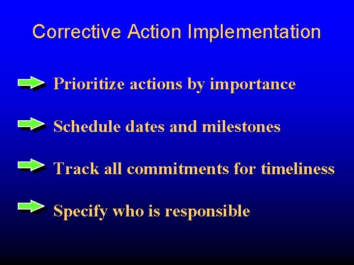 Corrective Action Implementation Prioritize actions by importance Schedule dates and milestones Track all commitments