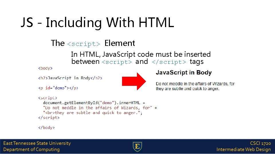 JS - Including With HTML The <script> Element In HTML, Java. Script code must