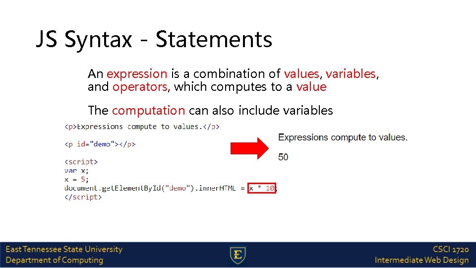 JS Syntax - Statements An expression is a combination of values, variables, and operators,